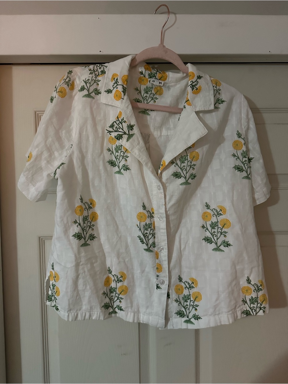 White Button-Down Shirt with Yellow Floral Print - Picture 1 of 3